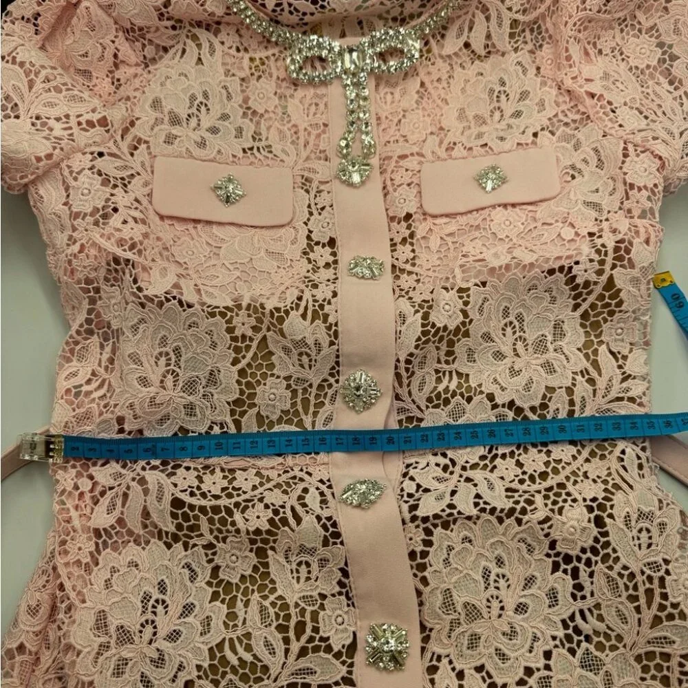 🆕 SELF-PORTRAIT 🧿 BNWOT Pink Lace Diamante Bow Midi Dress, Sz US 4 / UK 8 - Picture 14 of 16